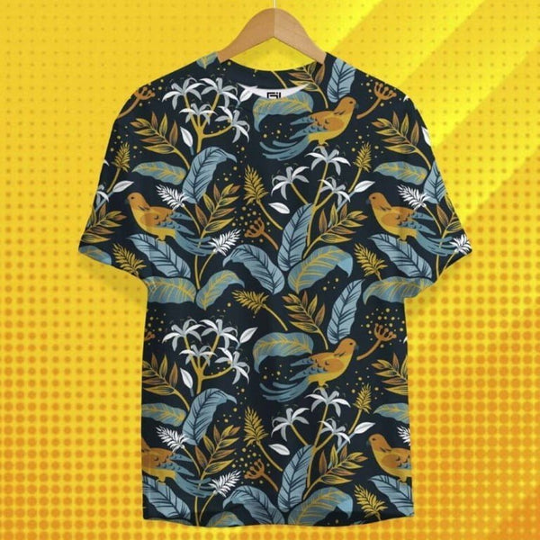 Juxar travel t-shirt for men with tropical floral and bird print in blue yellow and black