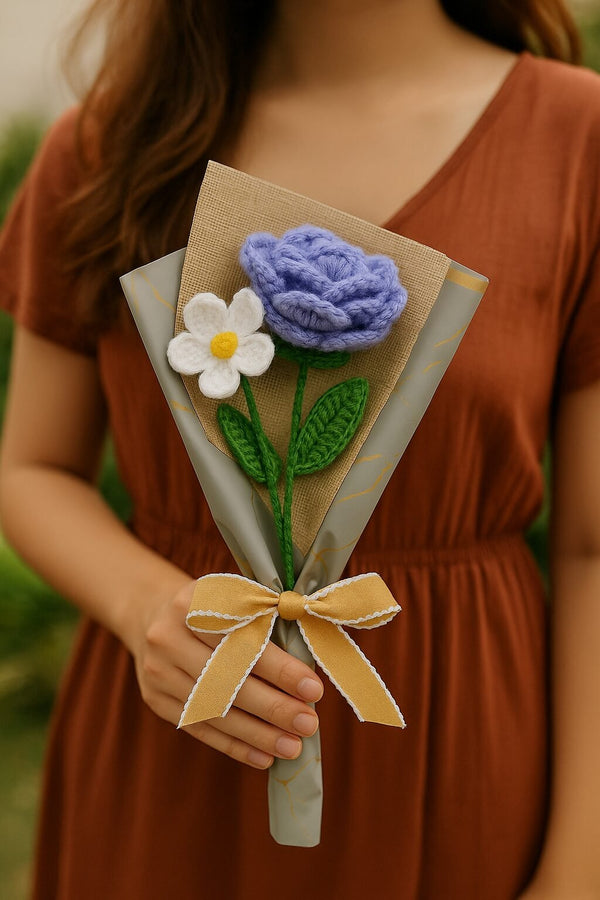 Handmade Purple Rose & White Forget-Me-Not – Wool Flowers in Gift Wrap with Ribbon