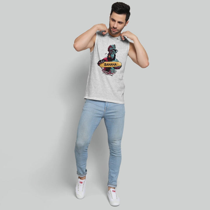 Juxar mens hip length hoodie sleeveless gray with banana graphic design