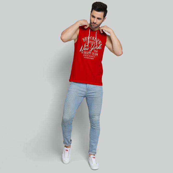 Juxar mens red sleeveless loose fit hoodie with New York print paired with light blue jeans