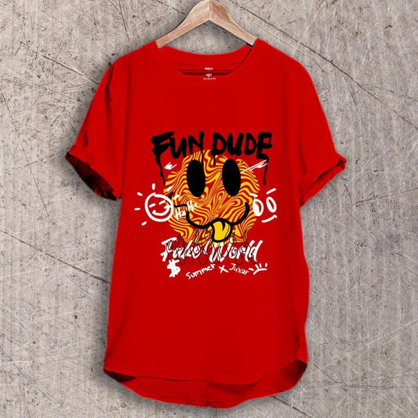 Juxar red graphic minimal cotton longline tee with Fun Dude tiger face print and curved hem