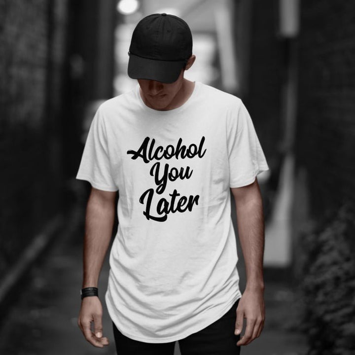 Juxar cotton longline funny alcohol t shirt with Alcohol You Later text in black font