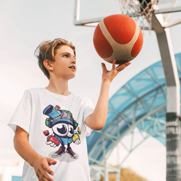 Juxar white boys tee cool t shirt for boys with colorful cartoon mascot and basketball on outdoor court