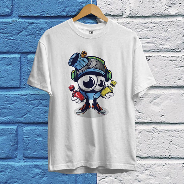 Juxar white boys T shirt with cartoon eye character wearing headphones holding spray cans street style cool t shirt for boys