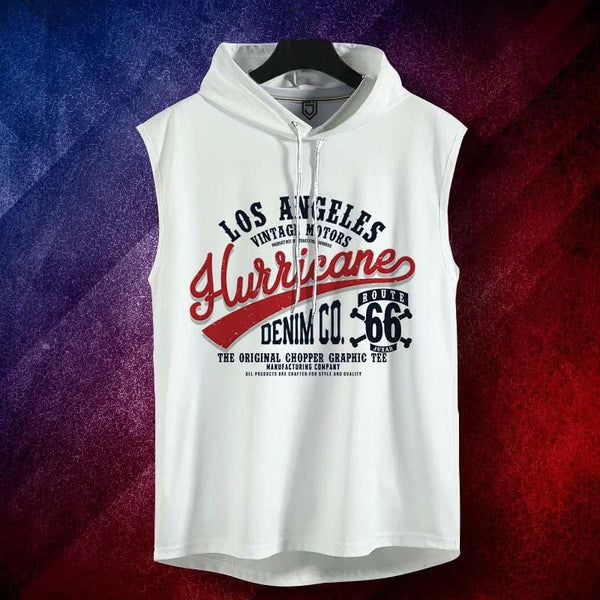 Juxar men's sleeveless white designer gym hoodie with Los Angeles Hurricanes graphic print