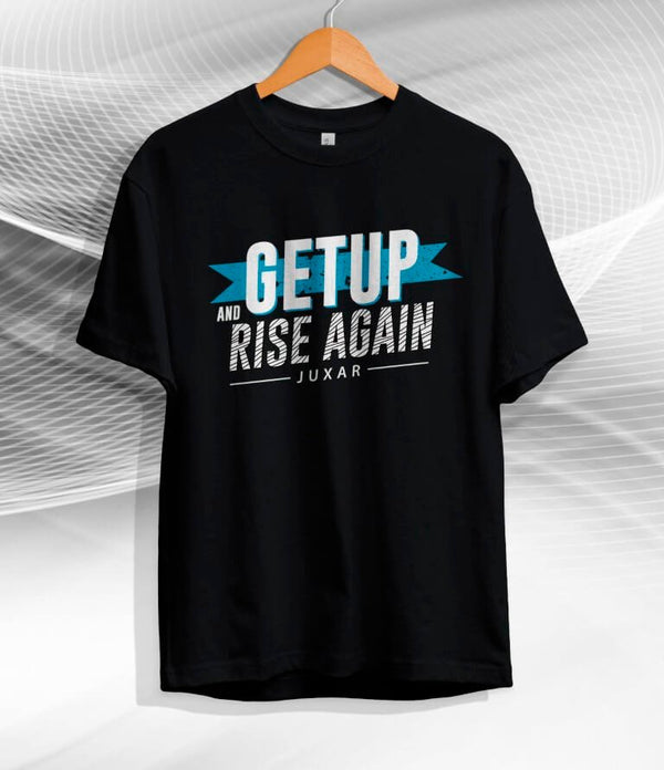 Black Juxar get up rise again t-shirt with bold blue and white motivational text design