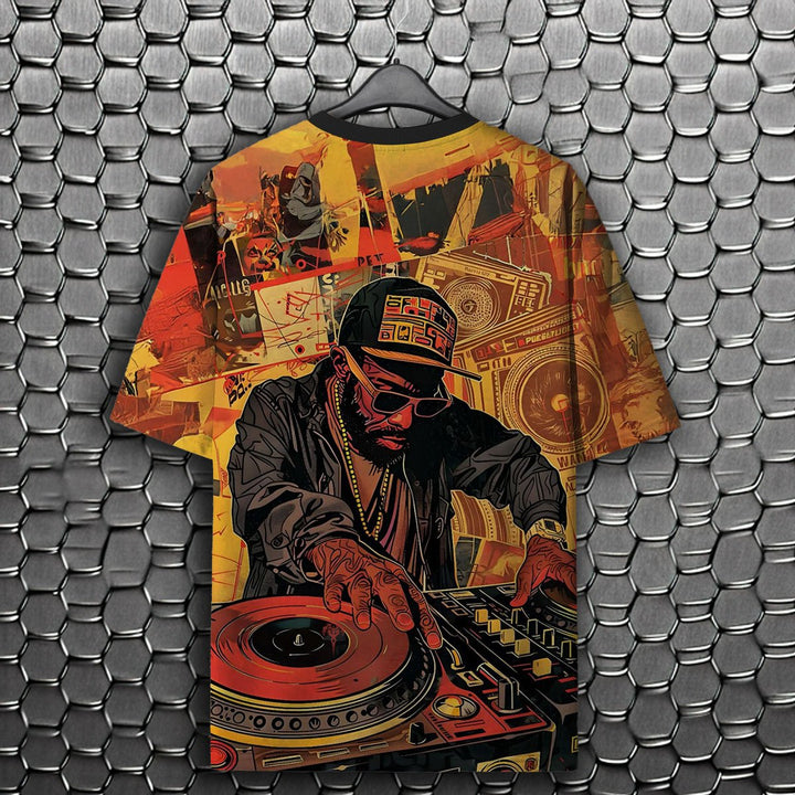 Mens all over design oversized t shirt featuring DJ turntable street art print in orange and red
