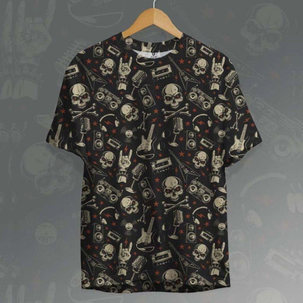 Juxar grunge skull t-shirt with all over vintage skull and rock music print on black fabric