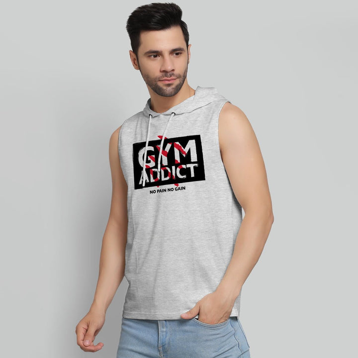 Juxar mens gray sleeveless stretchable hoodie with gym addict print and hood