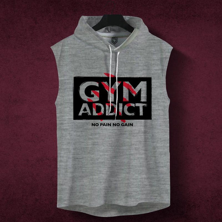 Juxar men's gray sleeveless stretchable hoodie with Gym Addict print and no pain no gain text