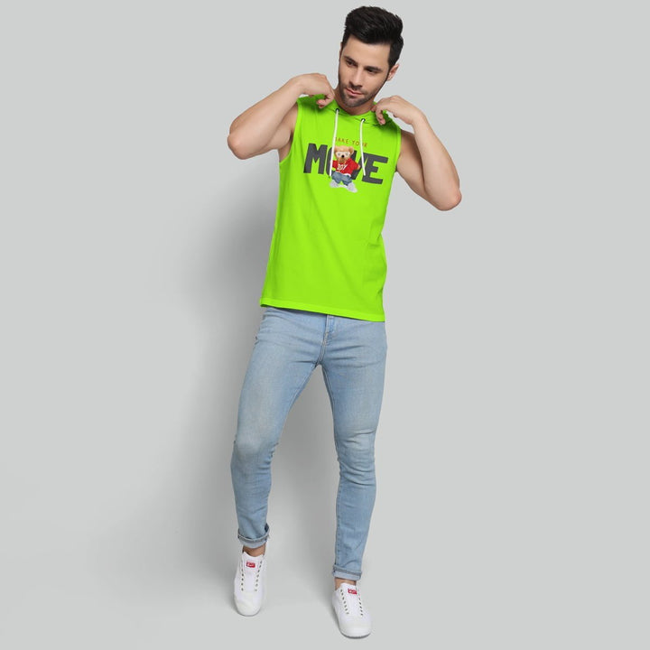 Juxar men's bright green gym hoodie sando with cartoon print paired with light blue jeans and white sneakers