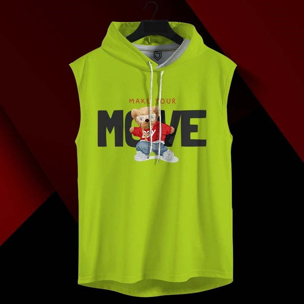 Juxar men's neon green gym hoodie sando with sleeveless design and teddy bear graphic print