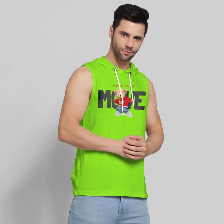 Juxar men's bright green gym hoodie sando with a graphic print and sleeveless design
