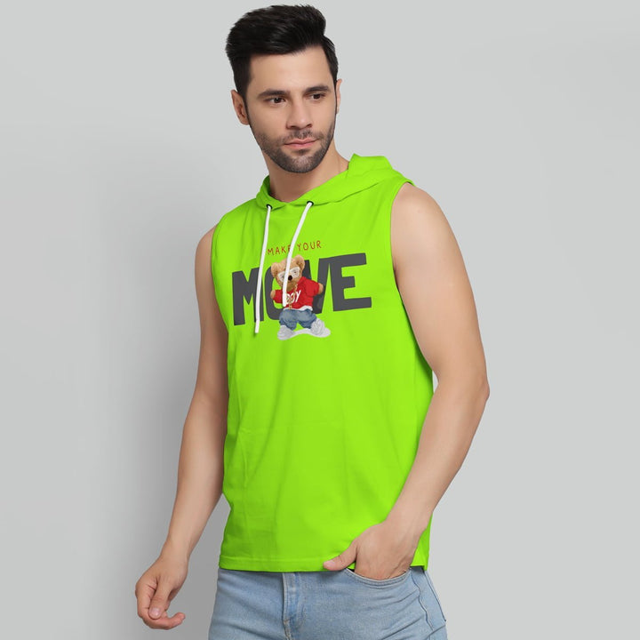 Juxar men's bright green gym hoodie sando with sleeveless design and bear graphic print