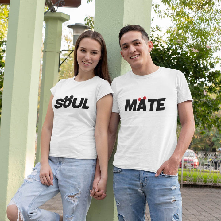 Juxar couple t shirt for valentines day white matching Soul and Mate graphic tees worn by smiling couple outdoors