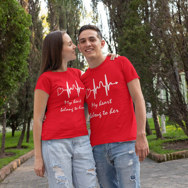 Juxar couple t shirt set red matching tees with heartbeat print My heart belongs to her and My heart belongs to him