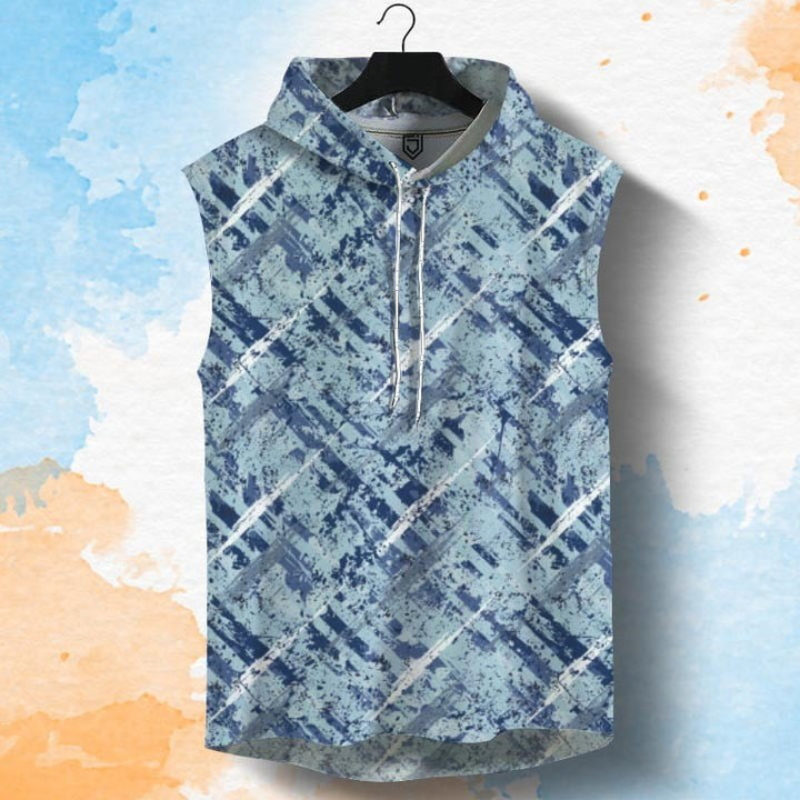 Juxar men's sleeveless hoodie sando in blue with abstract pattern and front pouch pocket
