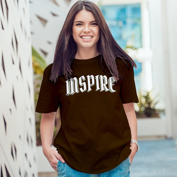 Juxar relaxed fit dark brown Inspire graphic tee on smiling model casual streetwear boyfriend t shirt