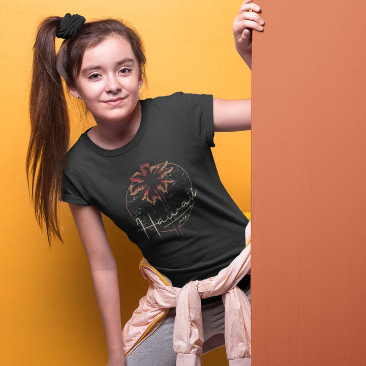 Juxar black graphic streetwear t shirt for girls featuring palm tree Hawaii print and tied sweatshirt