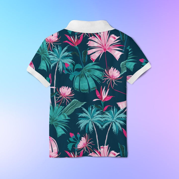 Juxar printed polo t-shirt back view with teal palms and pink tropical blooms on navy background artistic floral print polo shirt