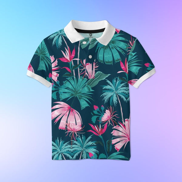 Juxar printed polo t shirt featuring artistic floral print polo shirt in teal and pink tropical palm pattern for casual wear