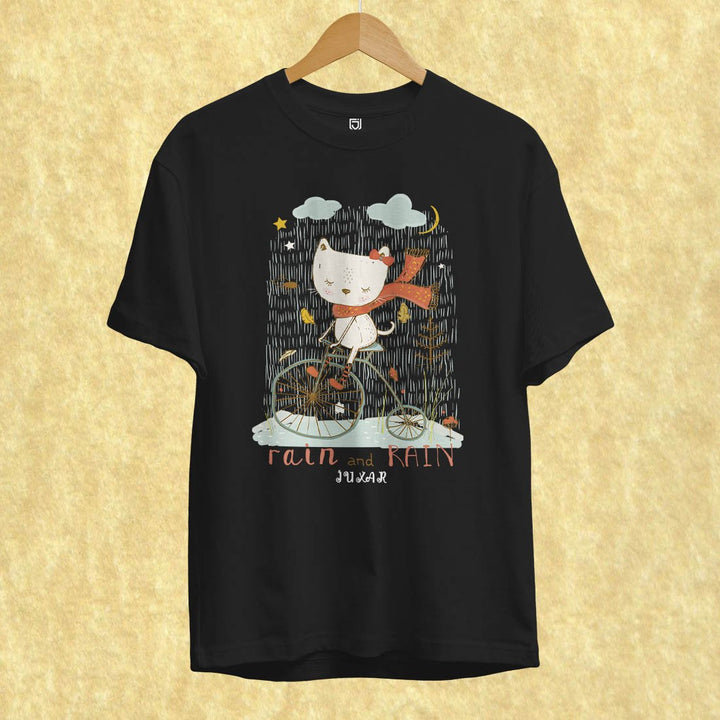 Juxar black girls rainy day cartoon t-shirt featuring a white cat riding a bicycle under rain