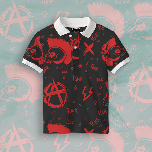 Juxar printed punk anarchist polo shirt black with red anarchist symbols skulls and lightning bolt pattern