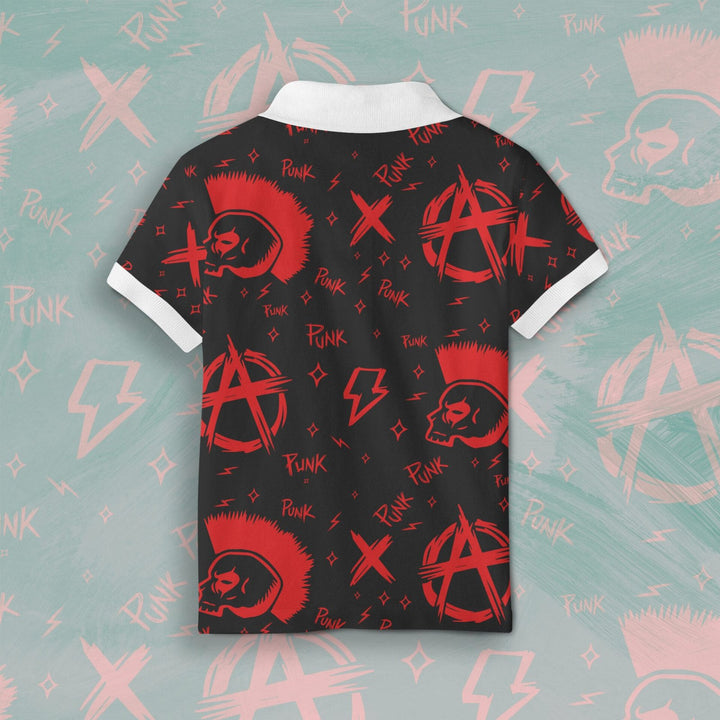 Juxar printed punk anarchist polo shirt back view black polo with red anarchy skulls mohawk and white collar