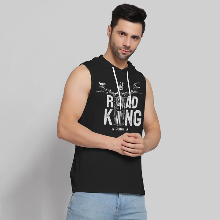 Juxar men's black sleeveless jogging hoodie with Road King graphic and white drawstrings