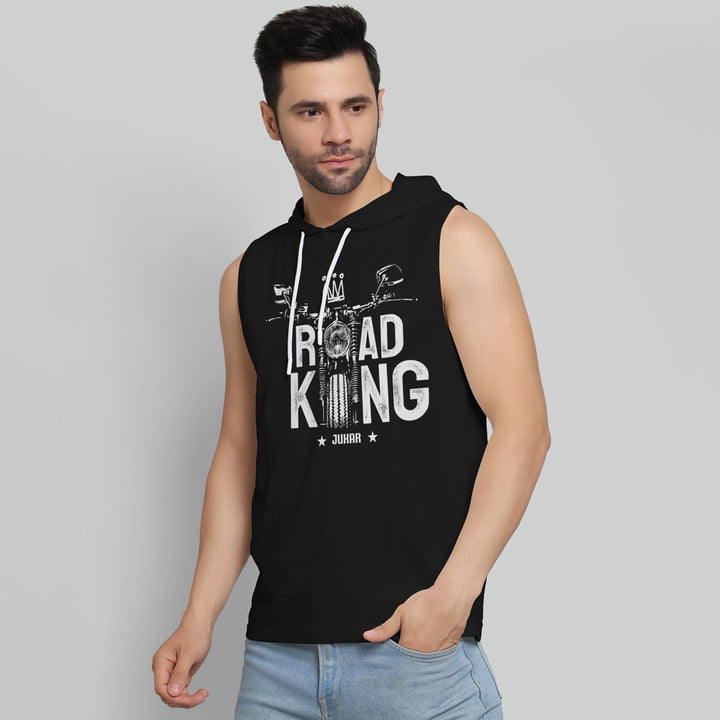 Juxar sleeveless black jogging hoodie for mens with Road King graphic design