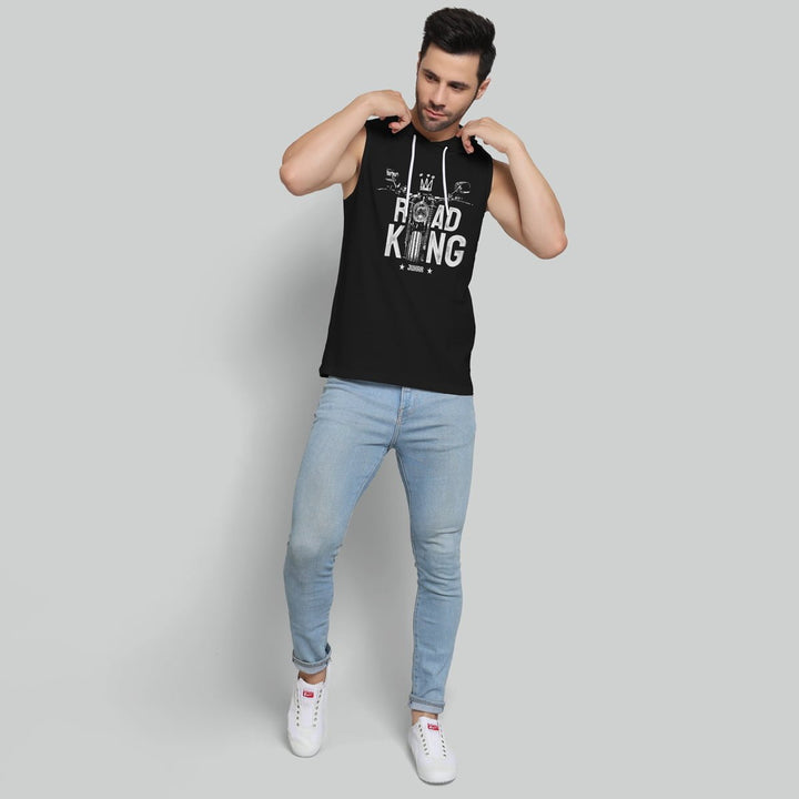 Juxar mens black sleeveless jogging hoodie with Road King print and light blue jeans