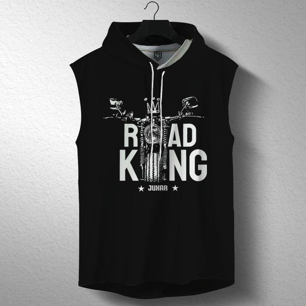 Juxar mens black sleeveless jogging hoodie with Road King motorcycle graphic print