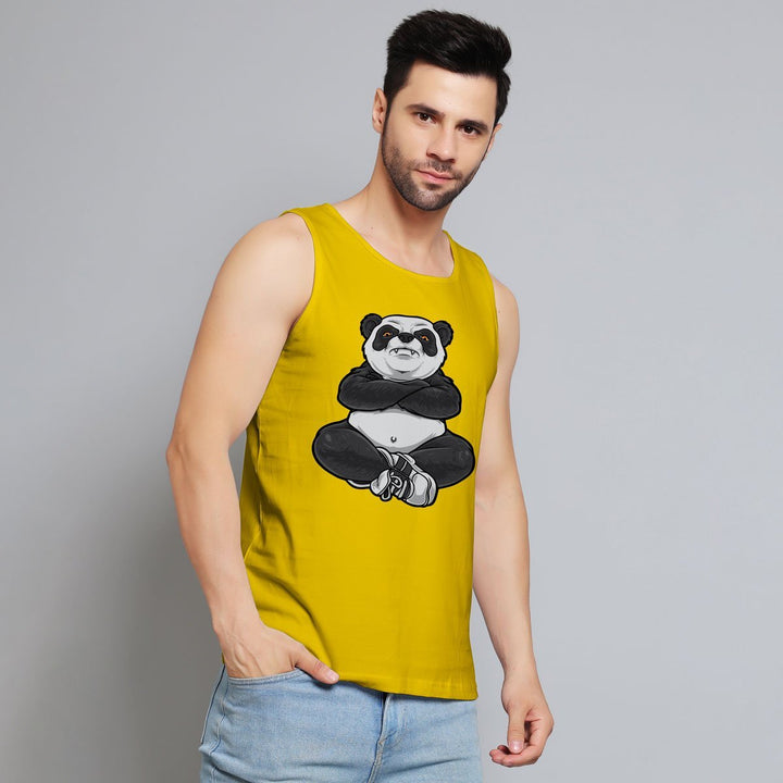 Juxar men's yellow casual sando with panda graphic print paired with light blue jeans