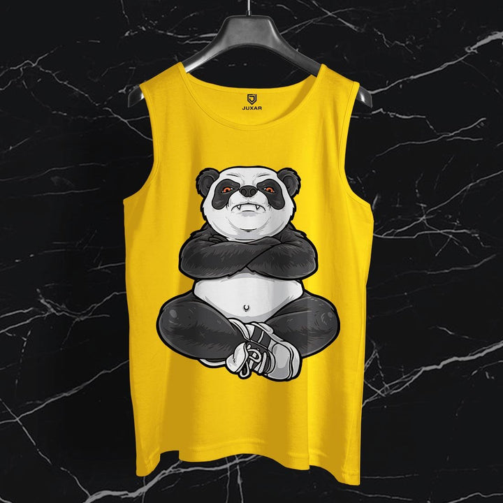 Juxar mens yellow casual sando with a graphic of a crossed arms meditating panda