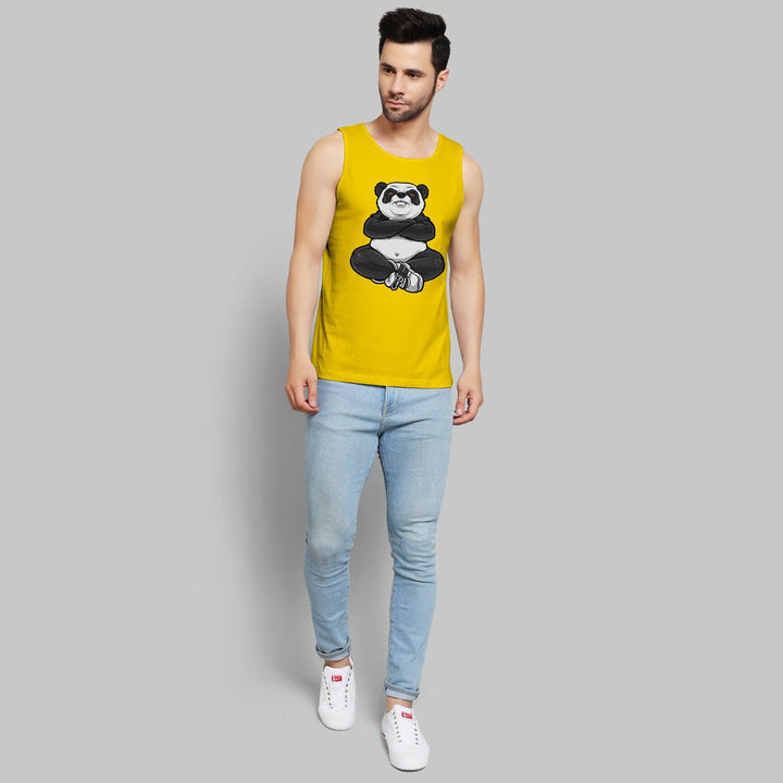 Juxar men's yellow casual sando with panda graphic paired with light blue jeans and white sneakers