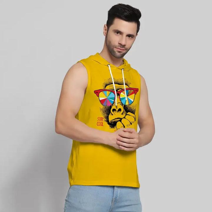 Juxar mens yellow sleeveless fitness hoodie with cool monkey graphic and drawstring hood