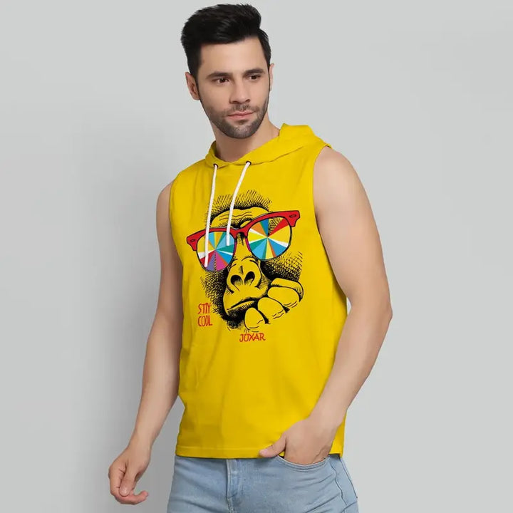 Juxar mens sleeveless yellow fitness hoodie with colorful gorilla graphic and hood