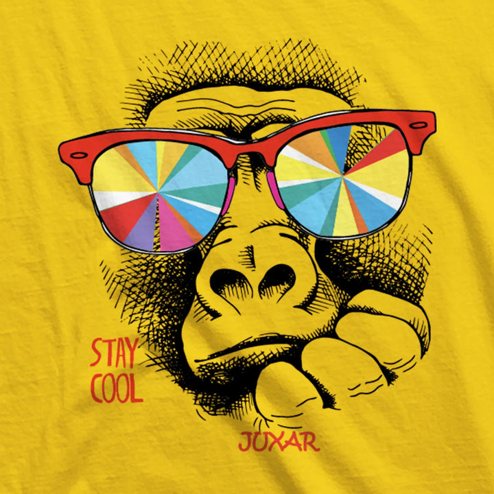 Juxar mens fitness hoodie with yellow fabric featuring a graphic of a gorilla wearing colorful sunglasses and Stay Cool text