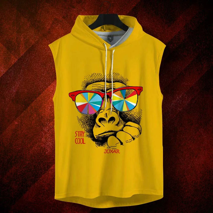 Juxar mens yellow sleeveless fitness hoodie with colorful sunglasses monkey graphic