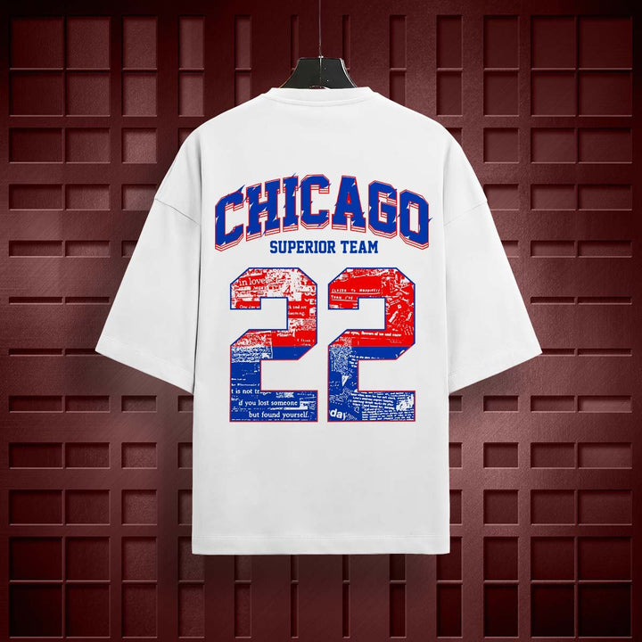 Juxar pure cotton oversized t-shirt for men white with Chicago 22 graphic on back