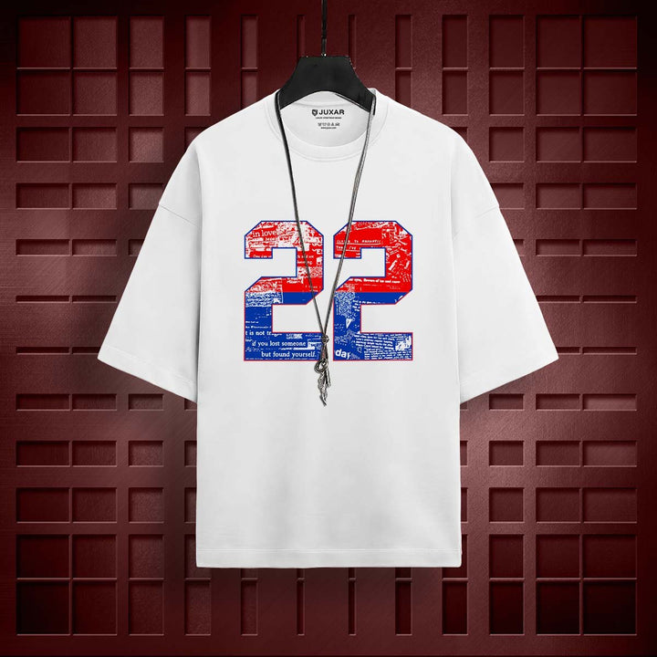 Juxar pure cotton oversized t-shirt for men in white with red and blue number 22 print