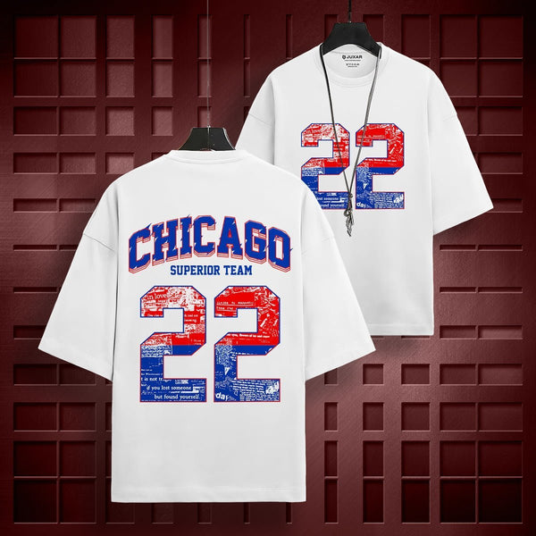 Juxar pure cotton oversized t-shirt for men with Chicago 22 graphic in red and blue on white fabric
