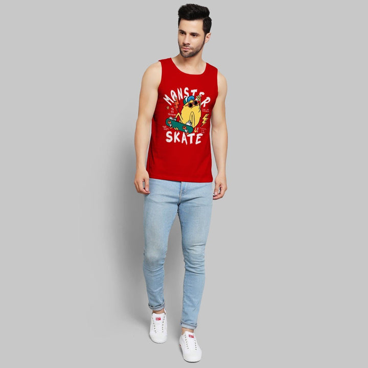 Red skateboarding sando for men by Juxar featuring a cartoon monster graphic and casual fit