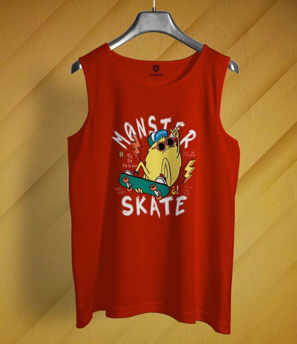 Juxar red skateboarding sando for men with monster skate graphic and sleeveless design