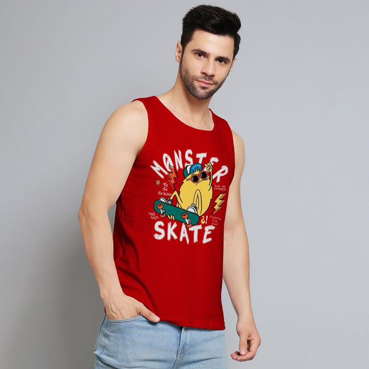 Juxar red skateboarding sando for men with graphic monster skate design