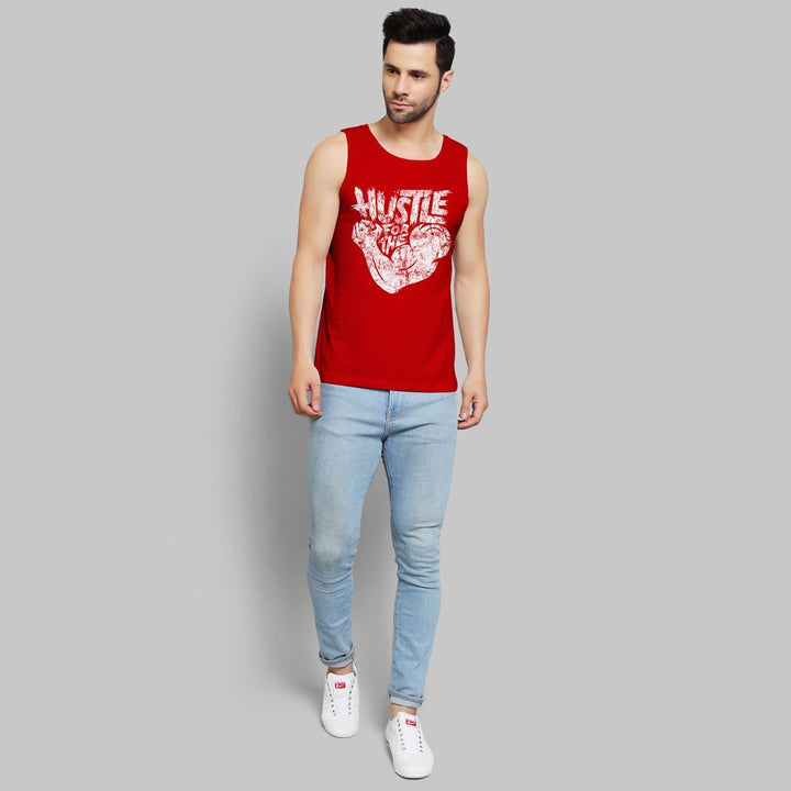 Juxar mens build muscle show sando in red with white graphic paired with light blue jeans and white sneakers