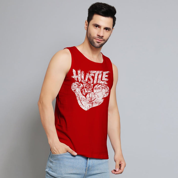 Juxar mens red tank top with Hustle graphic worn by model to build muscle show sando