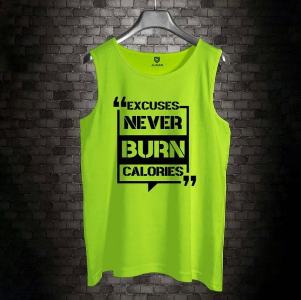 Juxar men's sleeveless neon green excuses never burn calories shirt with black bold text