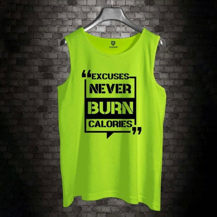 Juxar men's sleeveless neon green excuses never burn calories shirt with black bold text