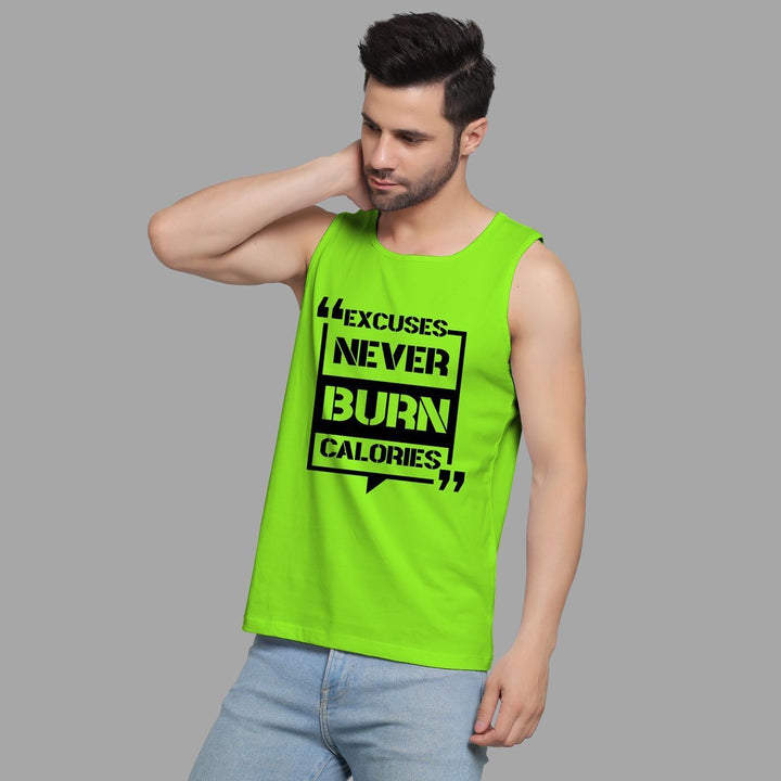 Mens bright green sleeveless shirt with black text excuses never burn calories shirt by Juxar